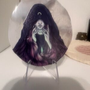 Natural Agate Slice with Etched Moon Witch